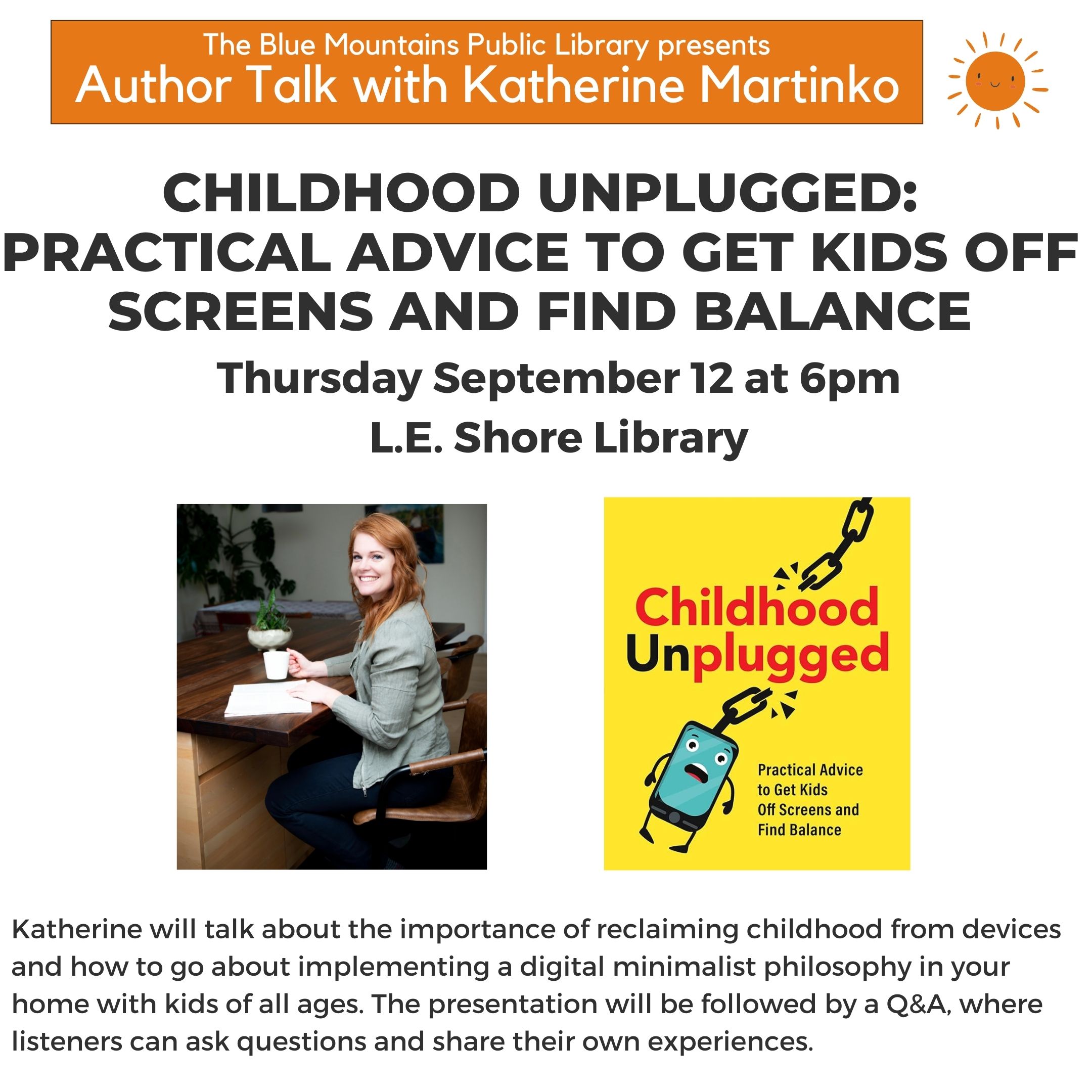 Author Talk Childhood Unplugged with Katherine Martinko flyer