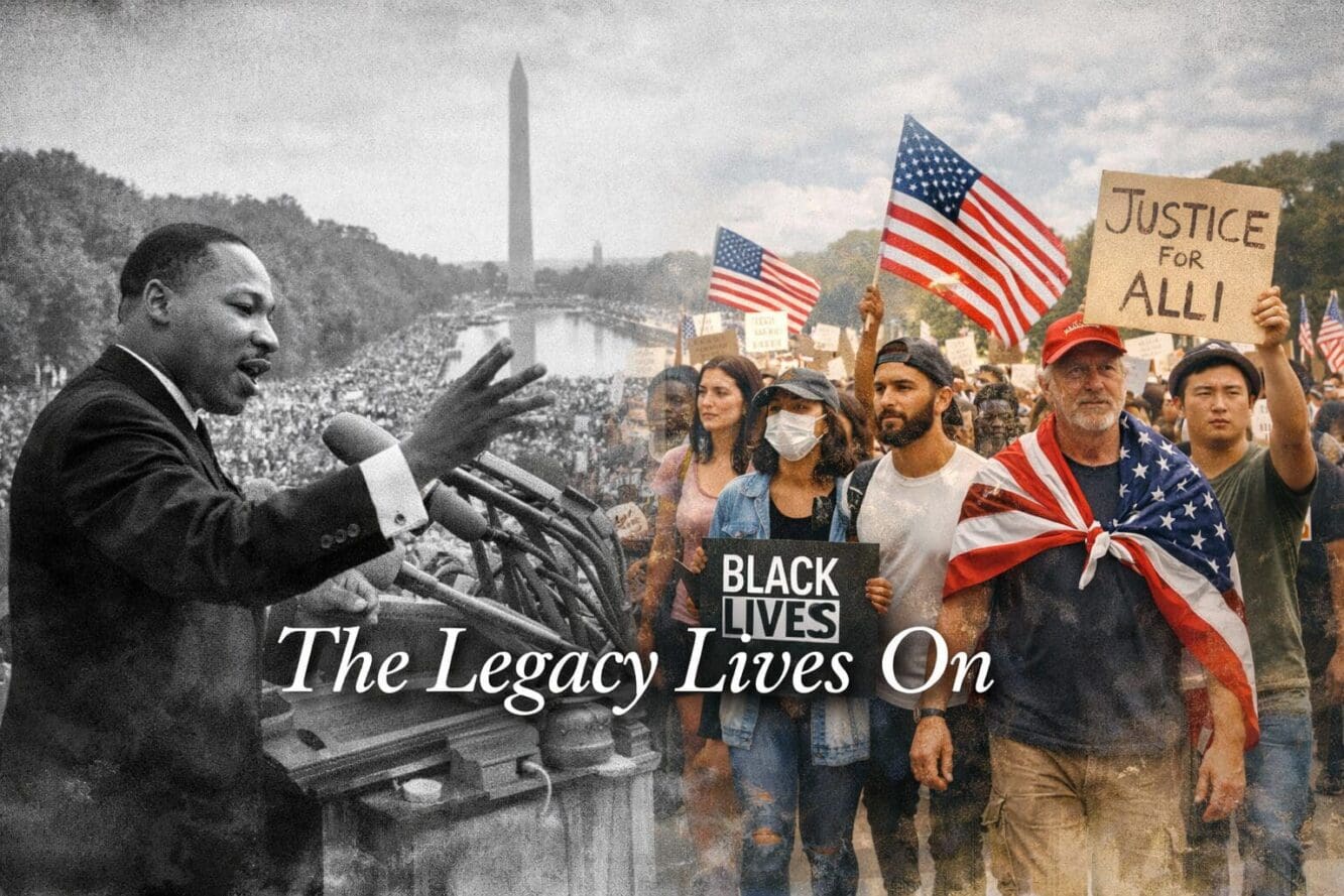 Detailed editorial image showing historical black and white photograph of Dr. Martin Luther King Jr delivering his iconic I Have a Dream spe