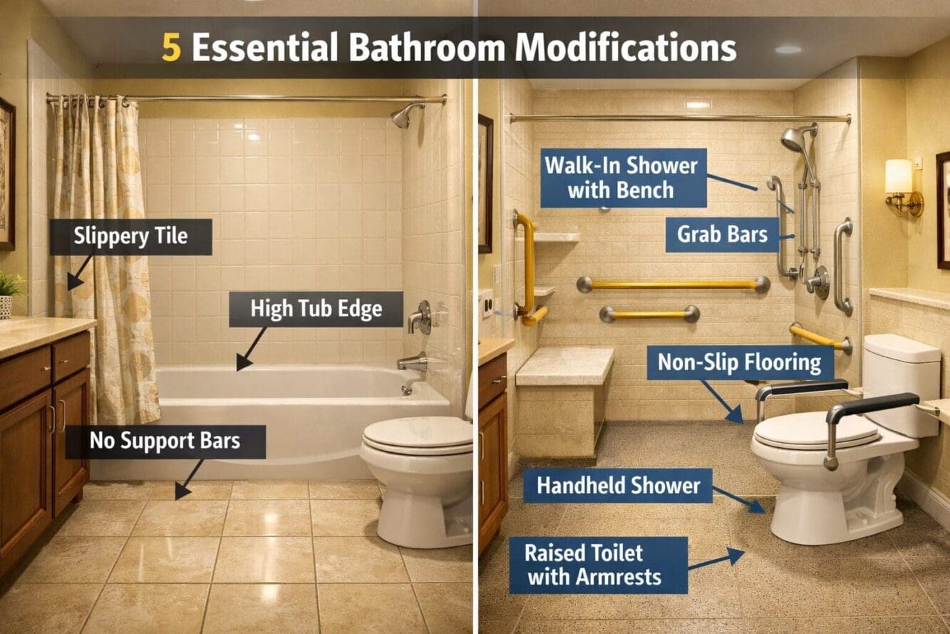 Detailed landscape editorial image (1536x1024) showing split-screen comparison of bathroom modifications for aging in place: left side displ