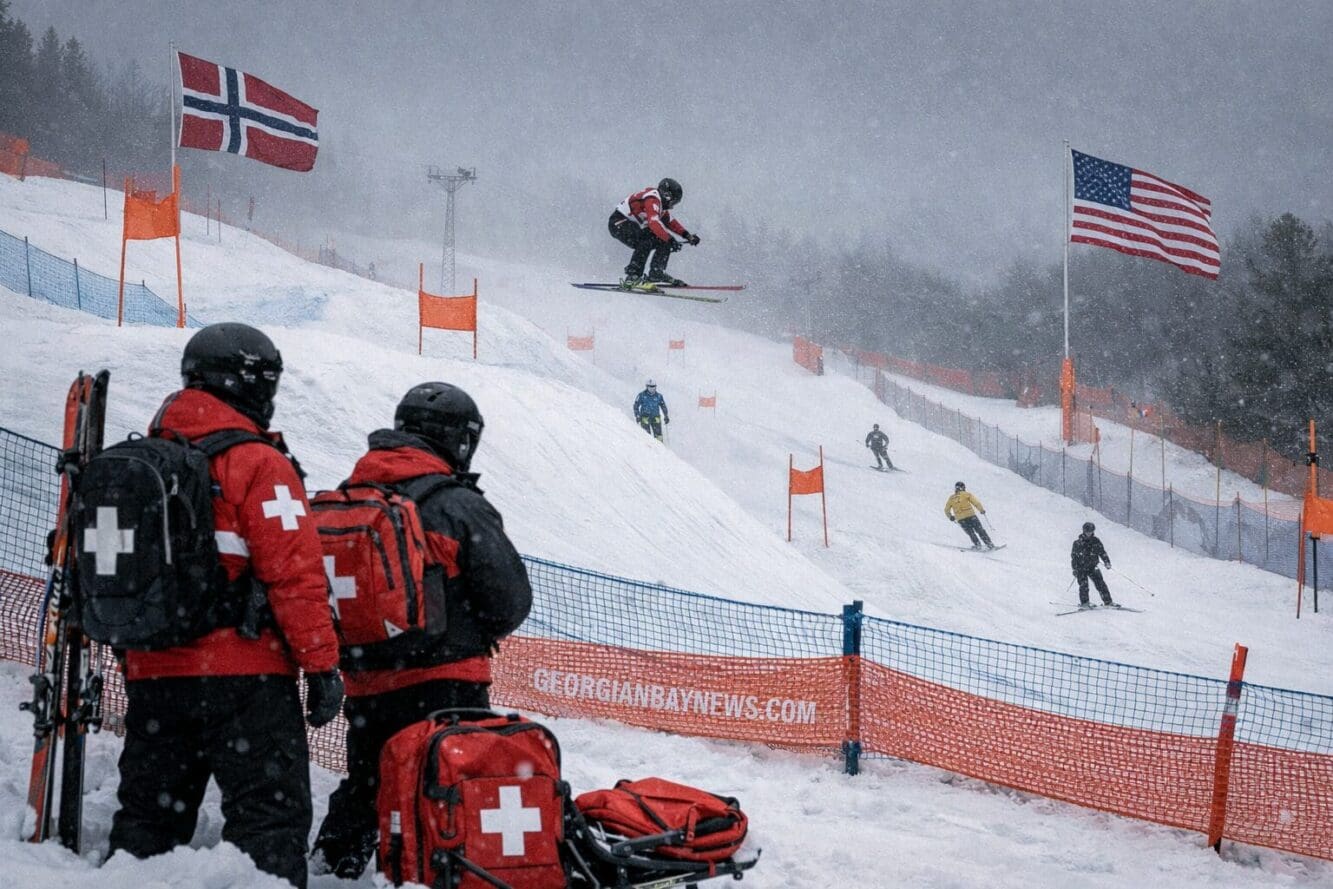 Include the text: GEORGIANBAYNEWS.COM, in each image in a discreet fashion. Landscape format (1536x1024) editorial image showing alpine ski 