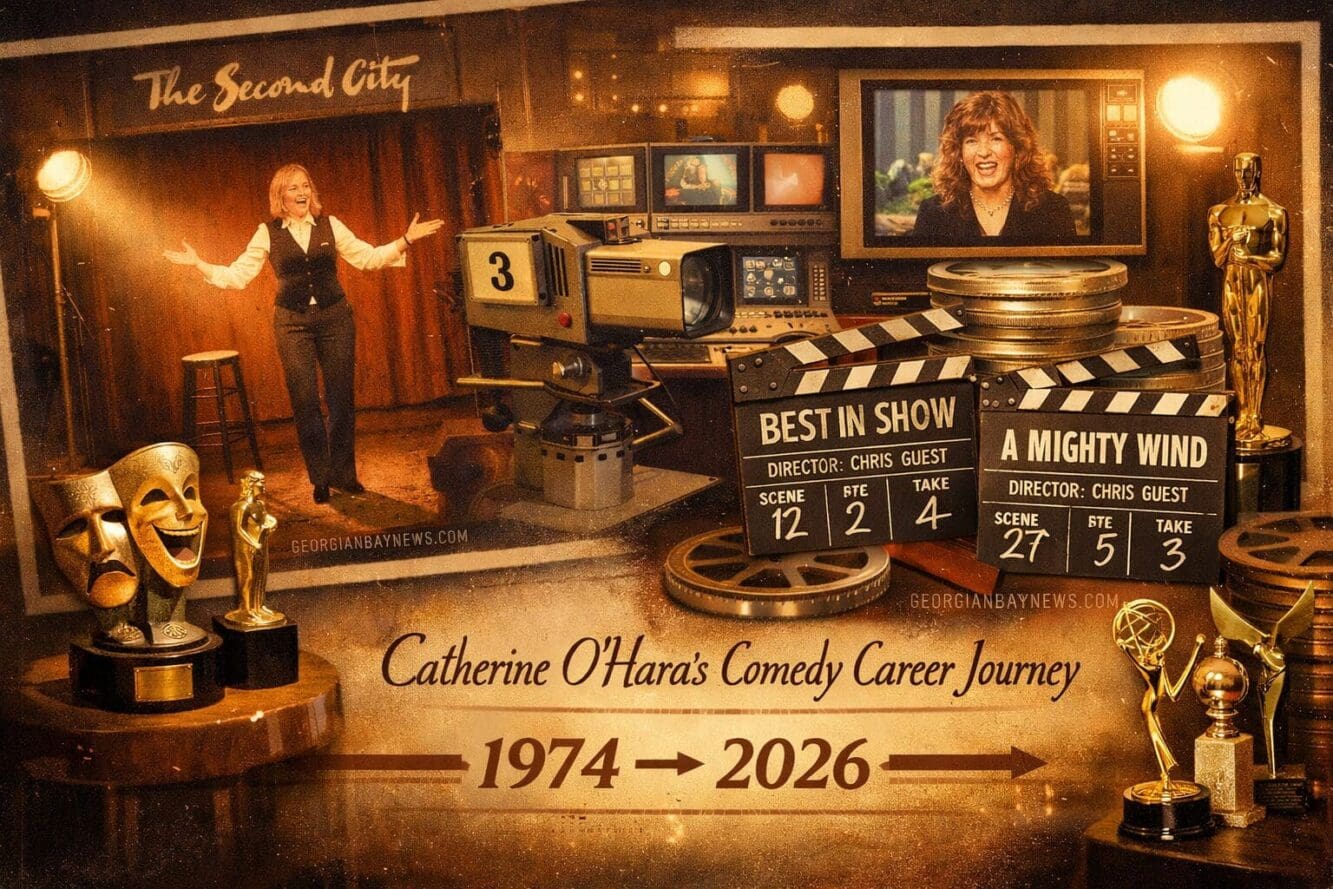 Include the text: GEORGIANBAYNEWS.COM, in each image in a discreet fashion. Landscape format (1536x1024) image depicting Catherine O'Hara's 