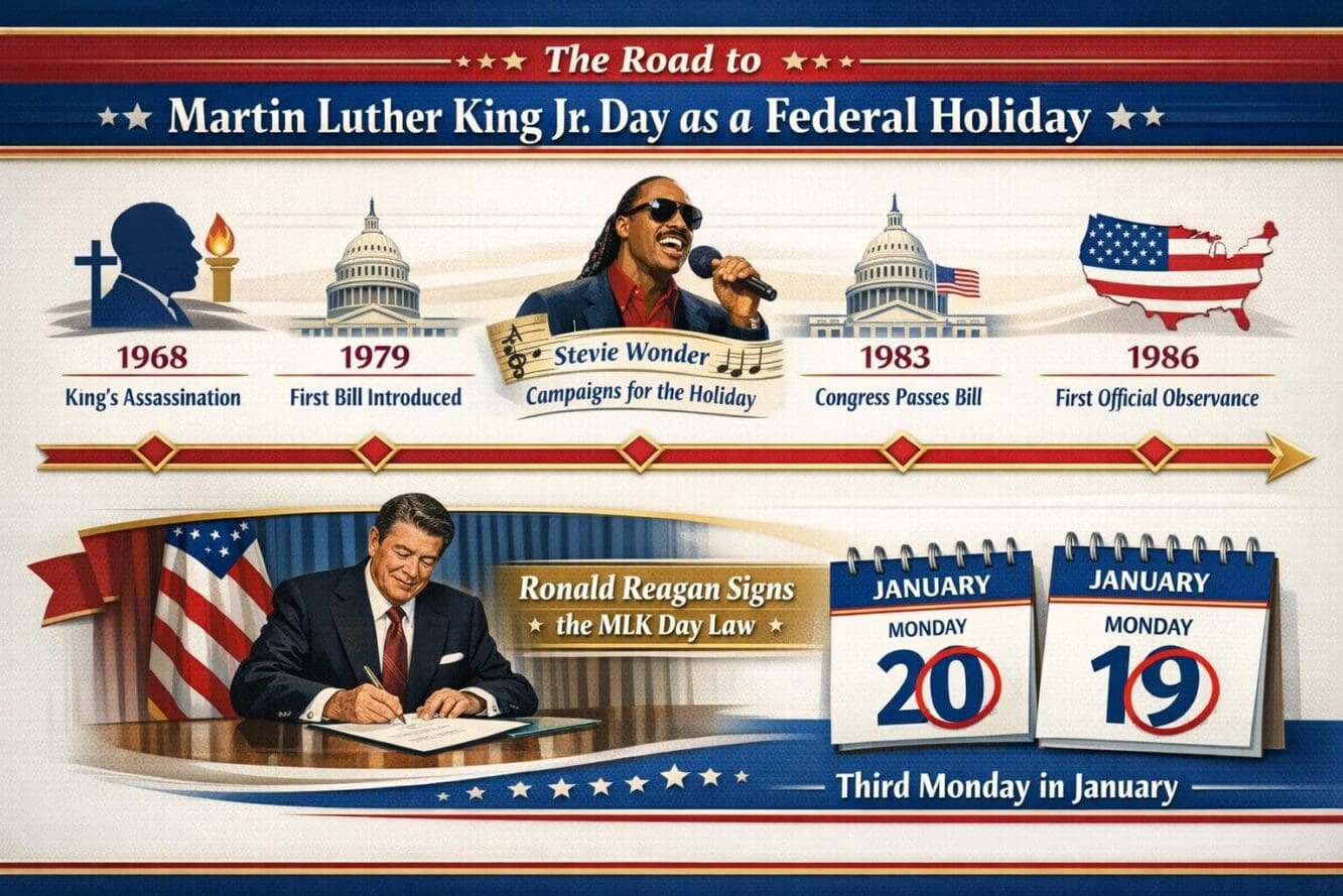 Infographic-style image displaying timeline of Martin Luther King Jr Day becoming a federal holiday, key dates from 1968 to 1986 marked with