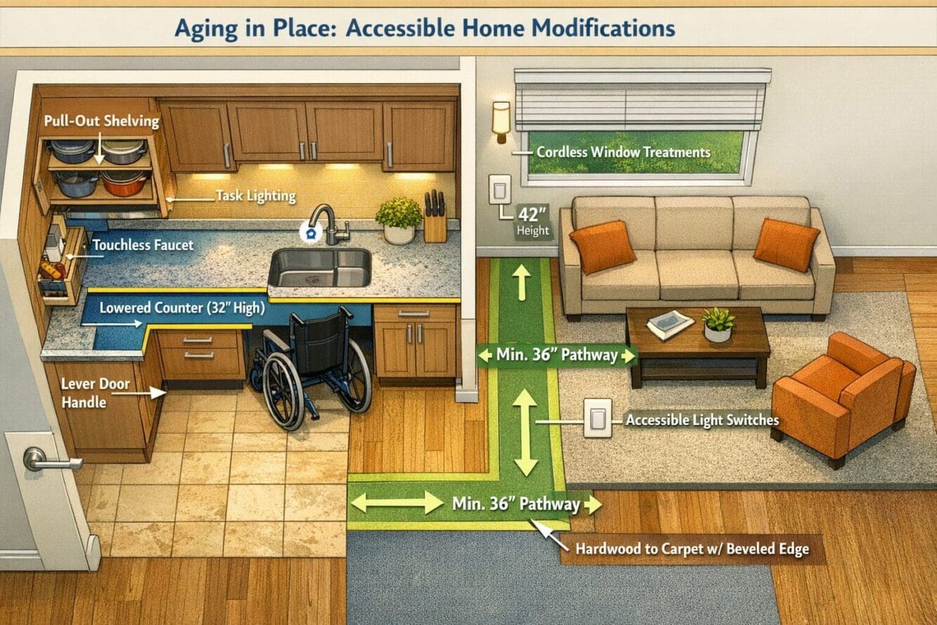 Detailed landscape infographic-style image (1536x1024) illustrating kitchen and living space modifications for successful aging in place: ov
