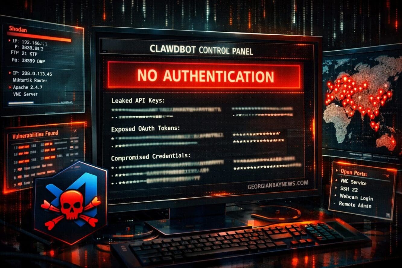 Include the text: GEORGIANBAYNEWS.COM, in each image in a discreet fashion. Landscape format (1536x1024) cybersecurity threat visualization 