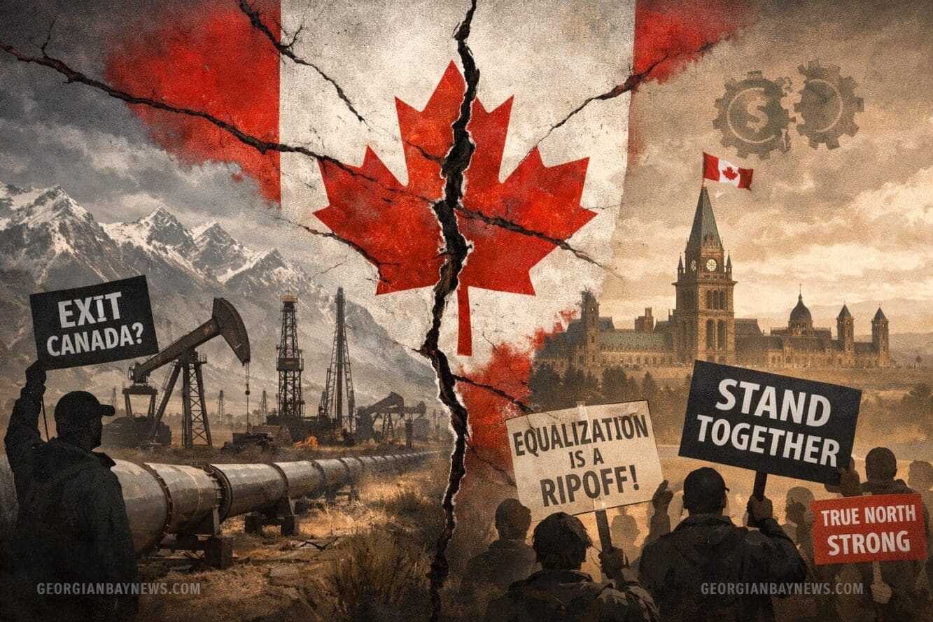 Include the text: GEORGIANBAYNEWS.COM, in each image in a discreet fashion. Photorealistic editorial illustration capturing the 'Understandi