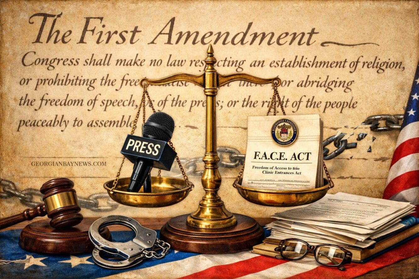 Include the text: GEORGIANBAYNEWS.COM, in each image in a discreet fashion. Landscape format (1536x1024) constitutional law themed illustrat