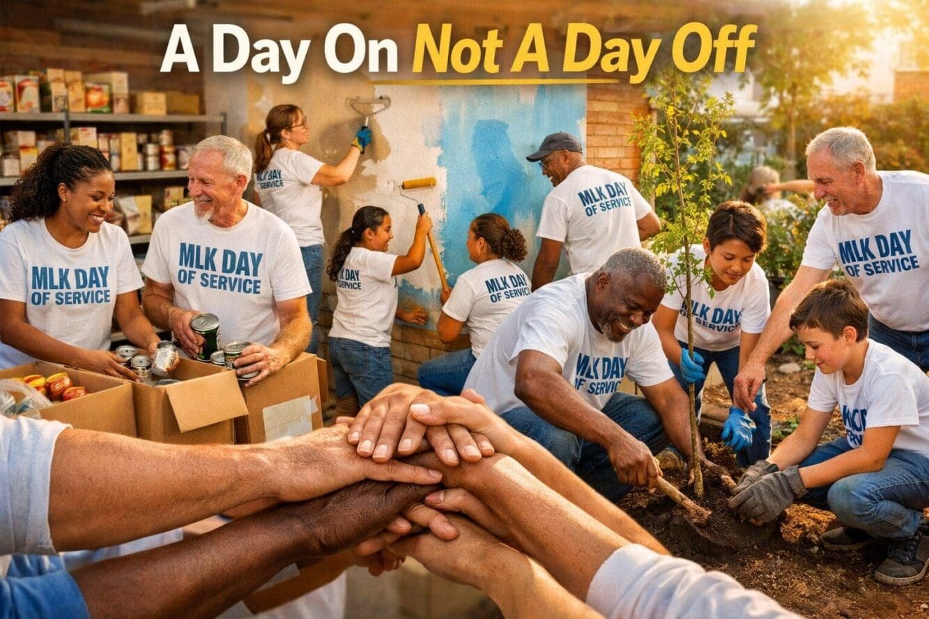 Vibrant community service scene showing diverse volunteers of all ages working together at food bank, painting community center walls, plant