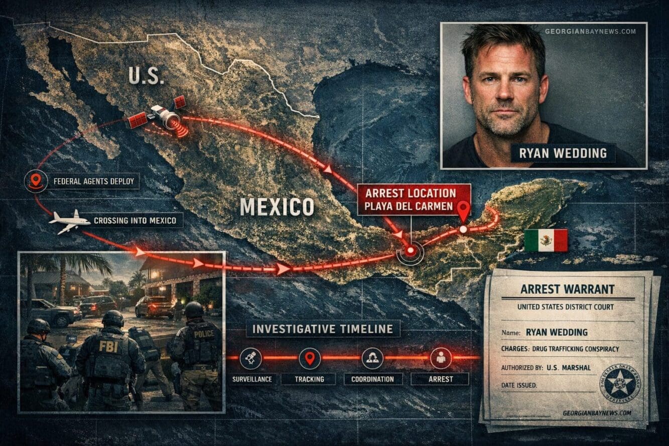 Include the text: GEORGIANBAYNEWS.COM, in each image in a discreet fashion. Ryan Wedding Arrest section visual: Cinematic overhead map illus