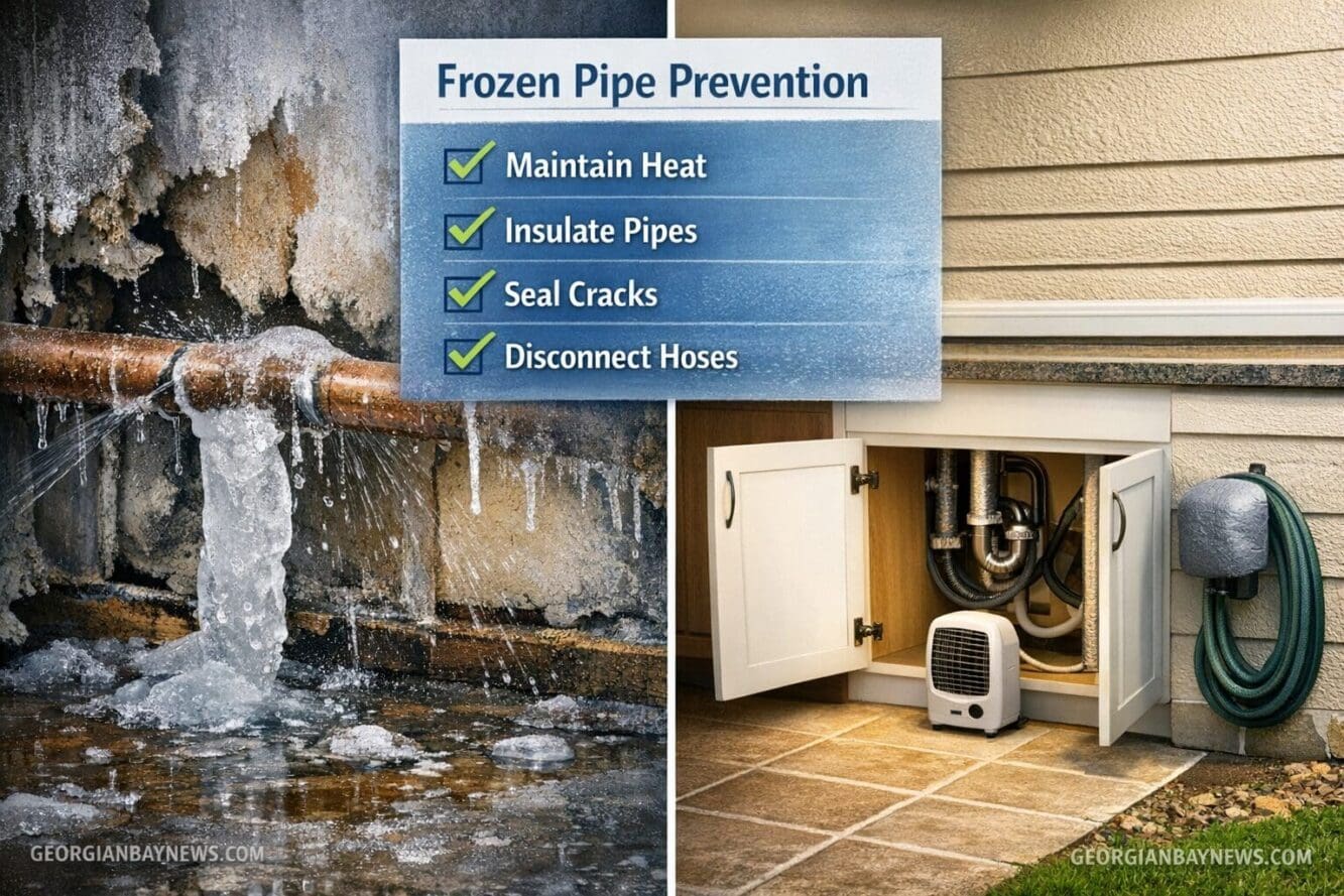 Include the text: GEORGIANBAYNEWS.COM, in each image in a discreet fashion. Professional landscape editorial image (1536x1024) showing emerg