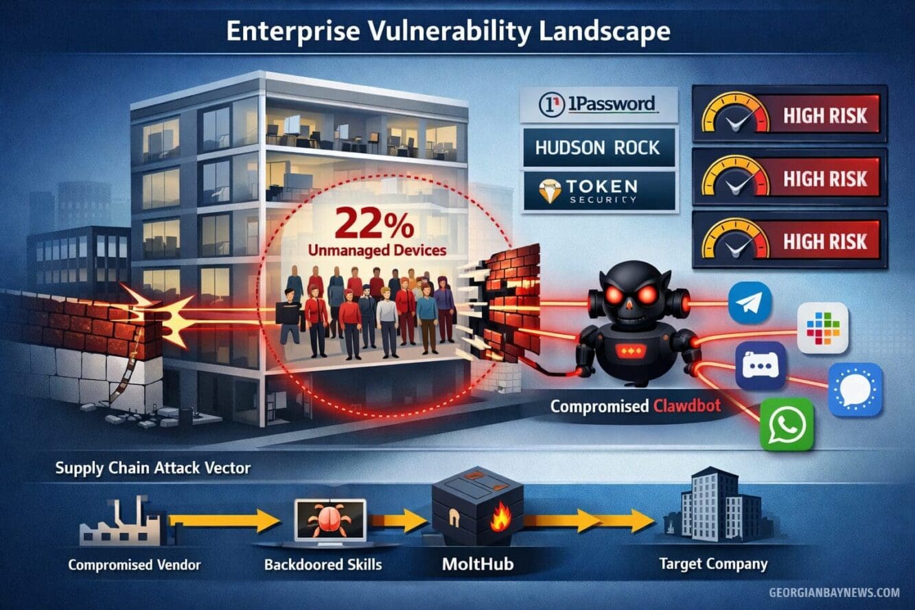 Include the text: GEORGIANBAYNEWS.COM, in each image in a discreet fashion. Landscape format (1536x1024) corporate security risk assessment 