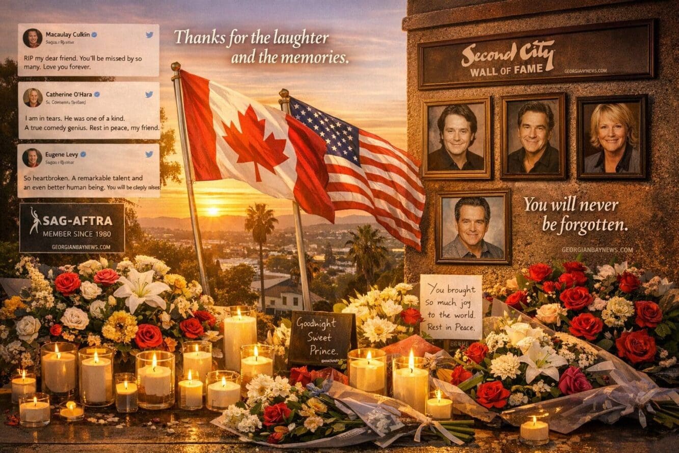 Include the text: GEORGIANBAYNEWS.COM, in each image in a discreet fashion. Landscape format (1536x1024) memorial tribute image showing glob