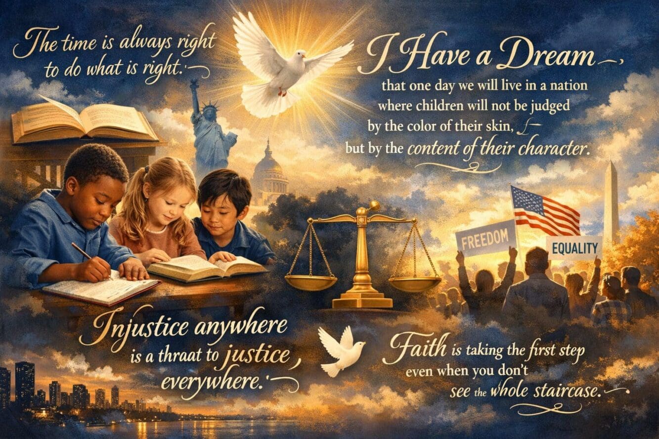 Artistic composition showing Dr. King's most powerful quotes displayed as elegant typography against backdrop of modern diverse America, chi
