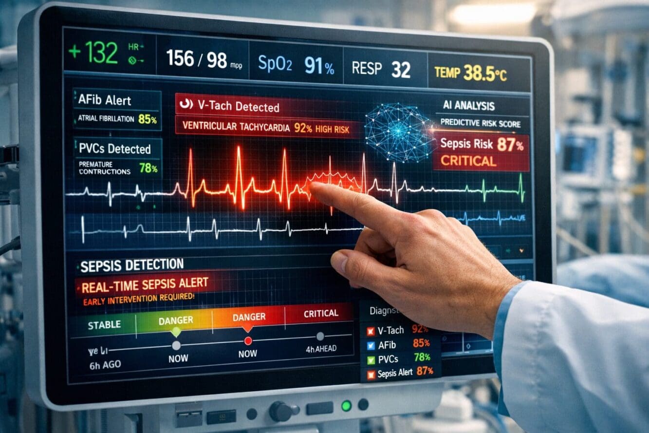 Detailed landscape format (1536x1024) image showing close-up of modern hospital monitor displaying real-time EKG waveform analysis with AI o