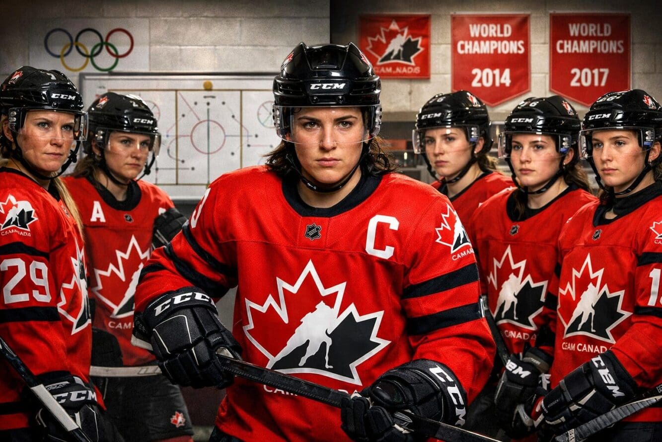 Landscape format (1536x1024) editorial image showing Team Canada women's hockey roster preparation scene with Marie-Philip Poulin at center