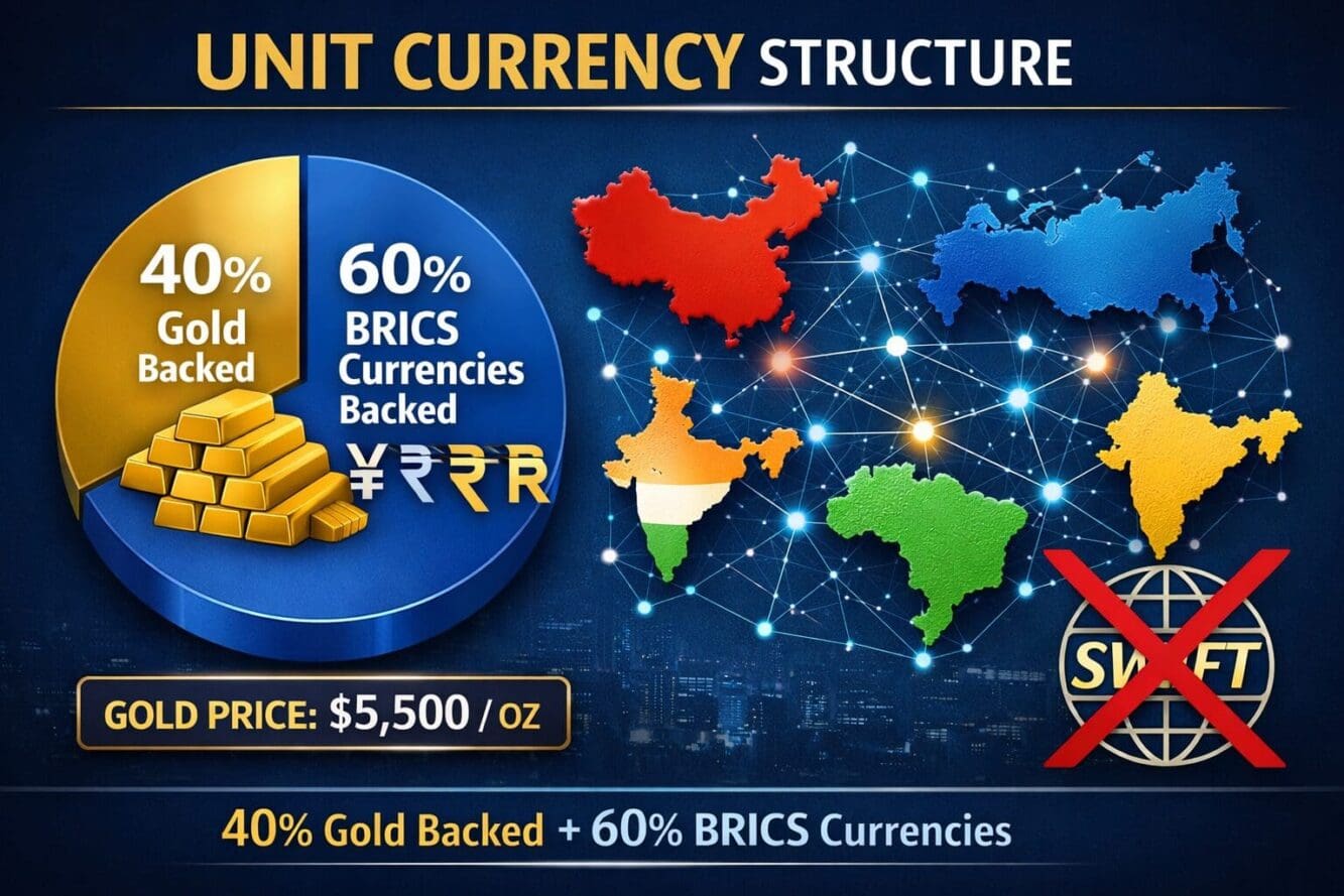 Landscape format (1536x1024) detailed infographic showing the Unit currency structure with pie chart displaying 40% gold backing (gold bars 