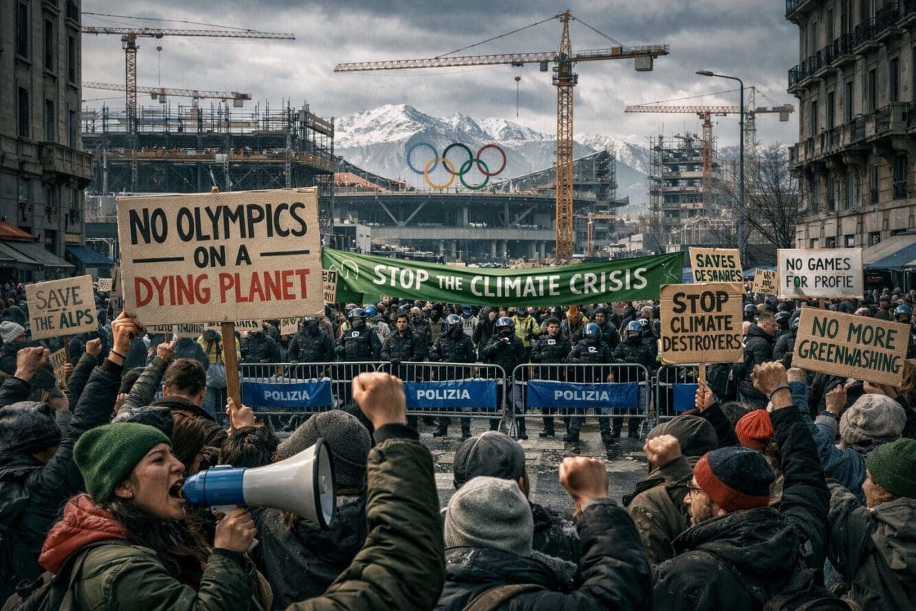 Landscape format (1536x1024) detailed illustration showing Milan city streets filled with environmental protesters holding green banners and