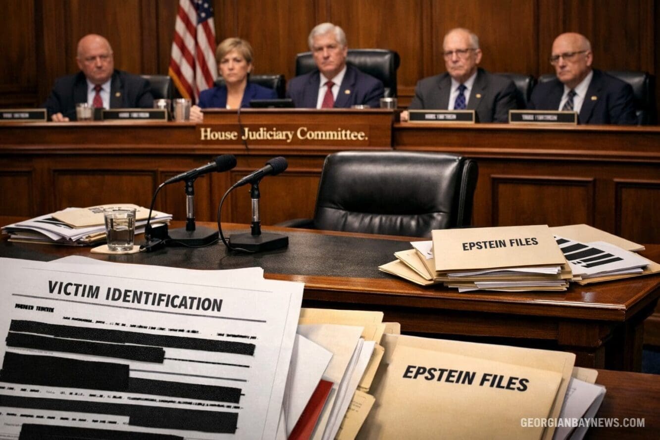 Include the text: GEORGIANBAYNEWS.COM, in each image in a discreet fashion. Landscape format (1536x1024) detailed illustration showing congr