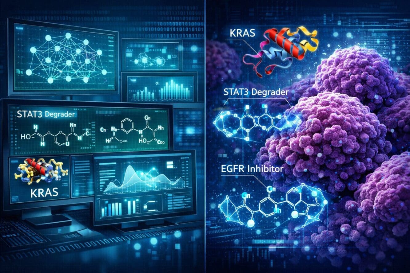 Landscape format (1536x1024) detailed illustration showing AI machine learning system analyzing molecular structures for pancreatic cancer t