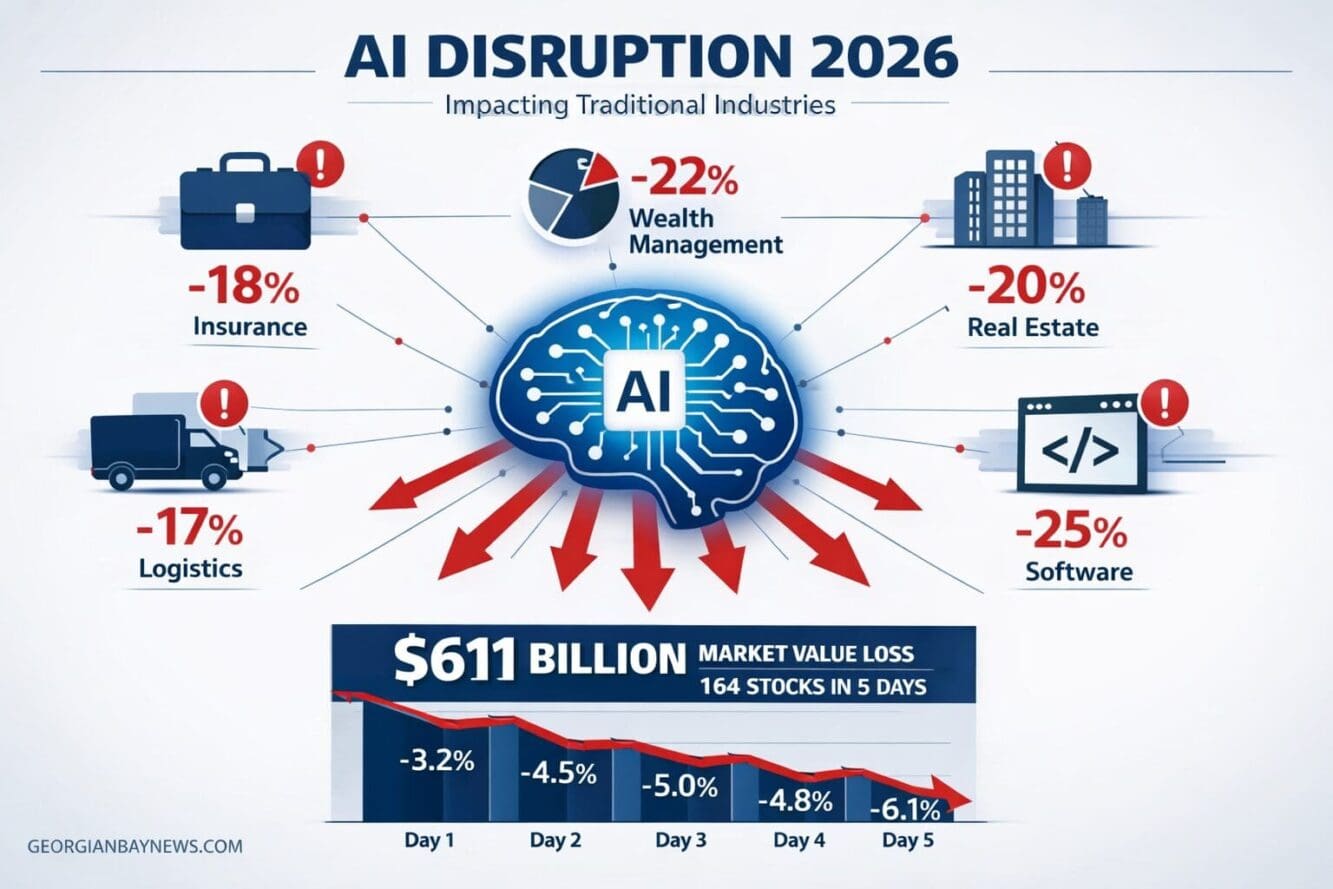 Include the text: GEORGIANBAYNEWS.COM, in each image in a discreet fashion. Landscape format (1536x1024) detailed infographic showing AI dis