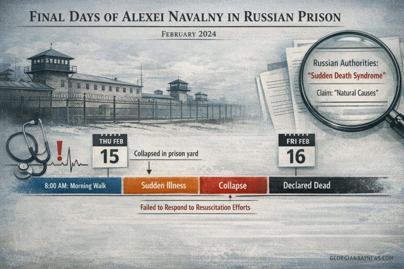 Include the text: GEORGIANBAYNEWS.COM, in each image in a discreet fashion. Landscape format (1536x1024) detailed infographic showing timeli