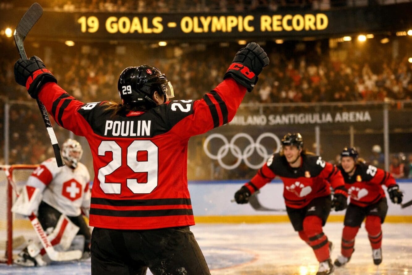 Landscape format (1536x1024) editorial image showing Marie-Philip Poulin in Team Canada red jersey number 29 celebrating with arms raised on