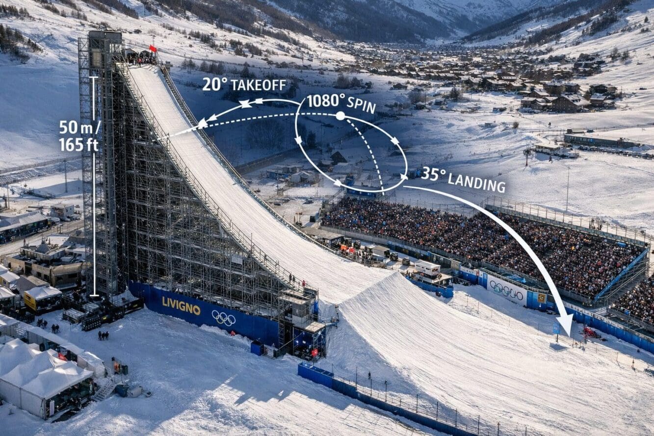 Landscape format (1536x1024) editorial image showing overhead view of Olympic big air venue at Livigno with massive scaffolding jump structu