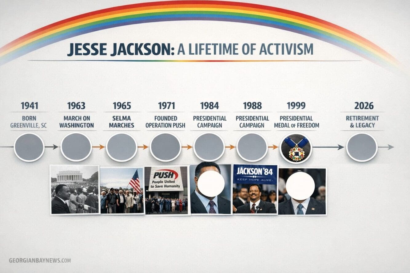 Include the text: GEORGIANBAYNEWS.COM, in each image in a discreet fashion. Landscape format (1536x1024) editorial image showing timeline in