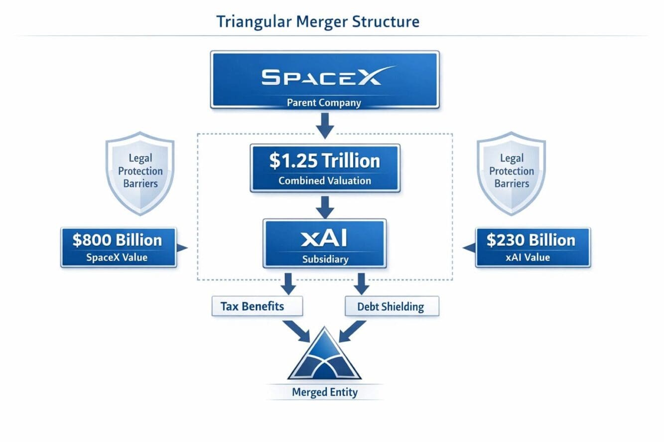 Landscape format (1536x1024) detailed infographic showing triangular merger structure diagram with SpaceX parent company box at top connecte