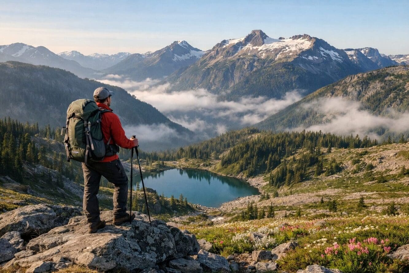 Detailed landscape format (1536x1024) editorial photograph of a hiker standing on a rocky summit in Strathcona Provincial Park overlooking a