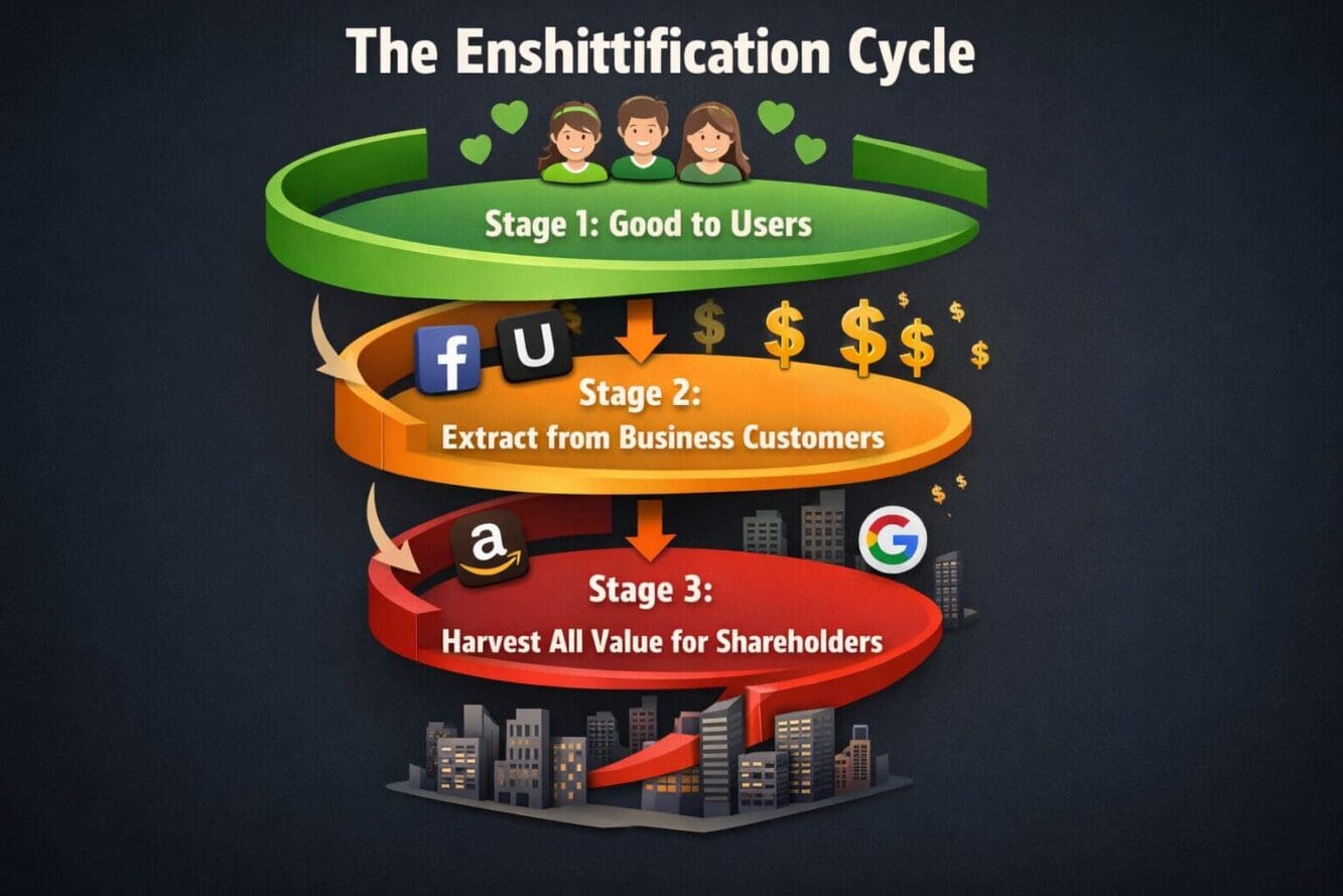 Detailed landscape format (1536x1024) editorial illustration showing the three-stage enshittification cycle as a descending spiral diagram: 