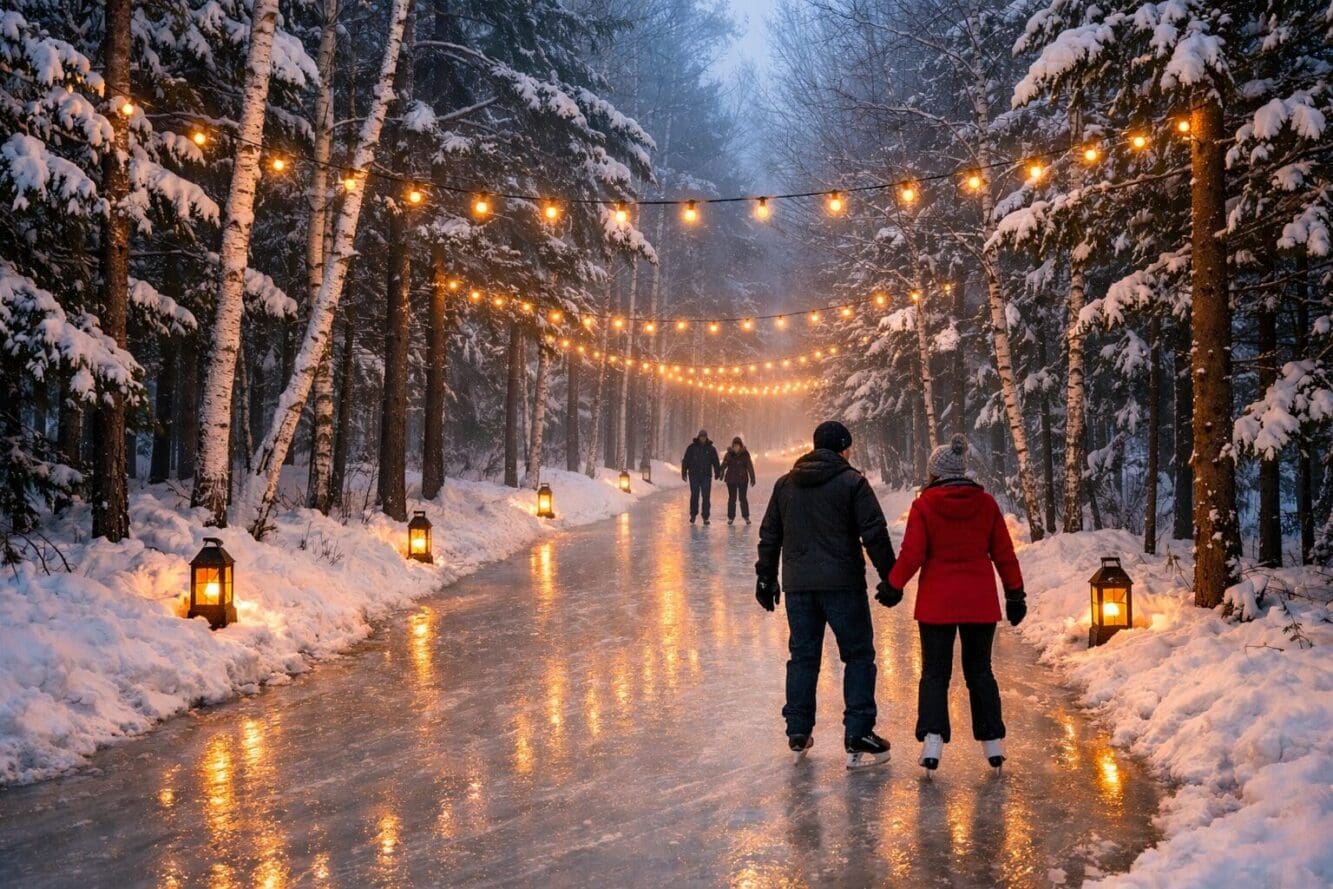 Detailed landscape format (1536x1024) image of Arrowhead Provincial Park ice skating trail winding through a dense snow-laden forest of birc