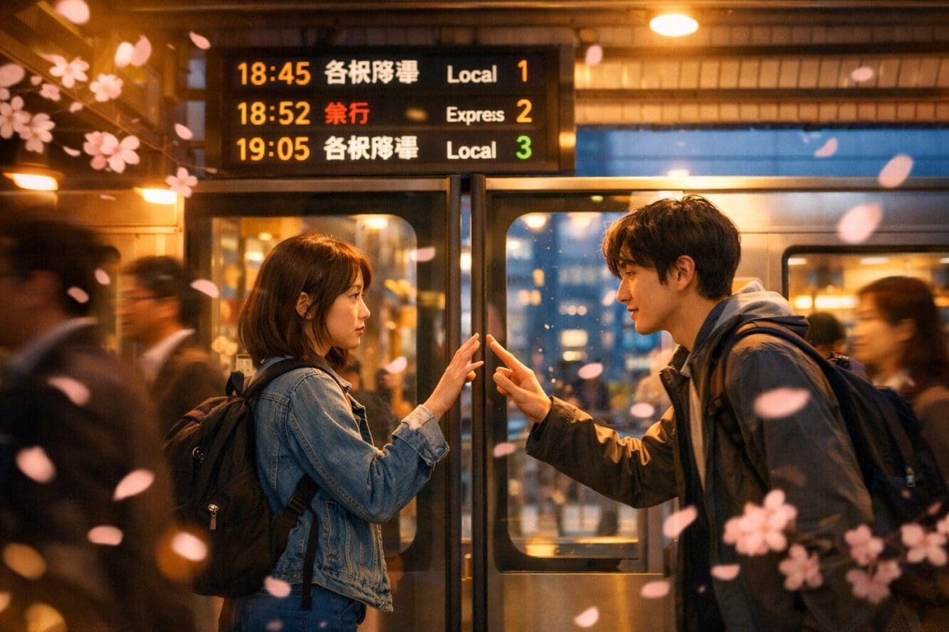 Landscape format (1536x1024) editorial illustration showing a near-miss moment between two people on a busy Tokyo train platform. A young wo