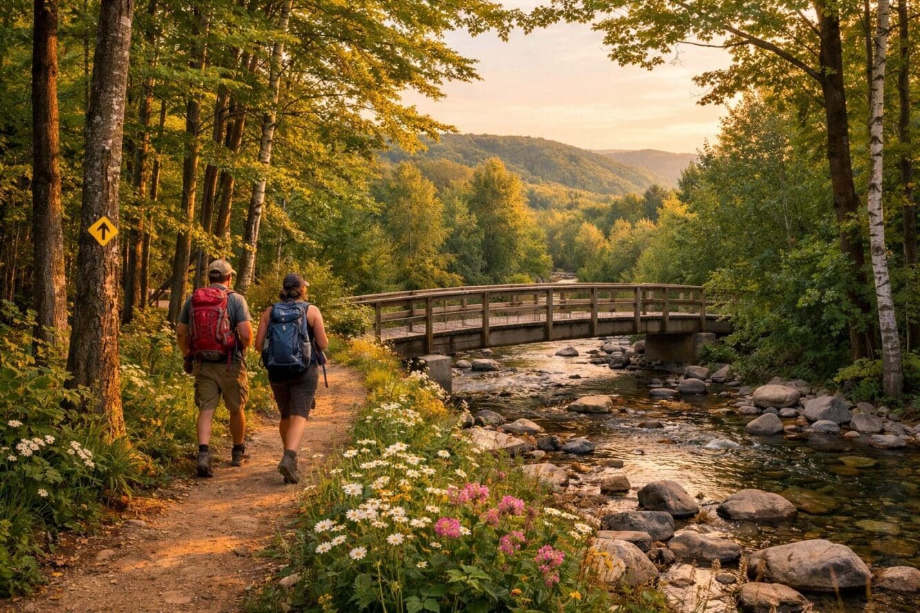 Landscape format (1536x1024) editorial photograph of the Mad River Valley in Creemore Ontario during golden hour, showing a well-marked hiki