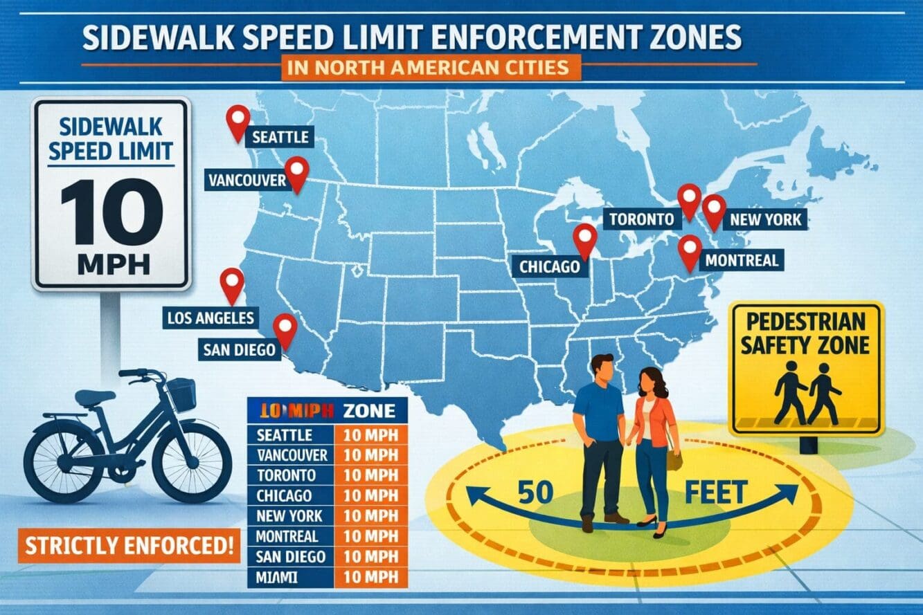 Detailed landscape format (1536x1024) infographic showing sidewalk speed limit enforcement zones across major North American cities. Visual 