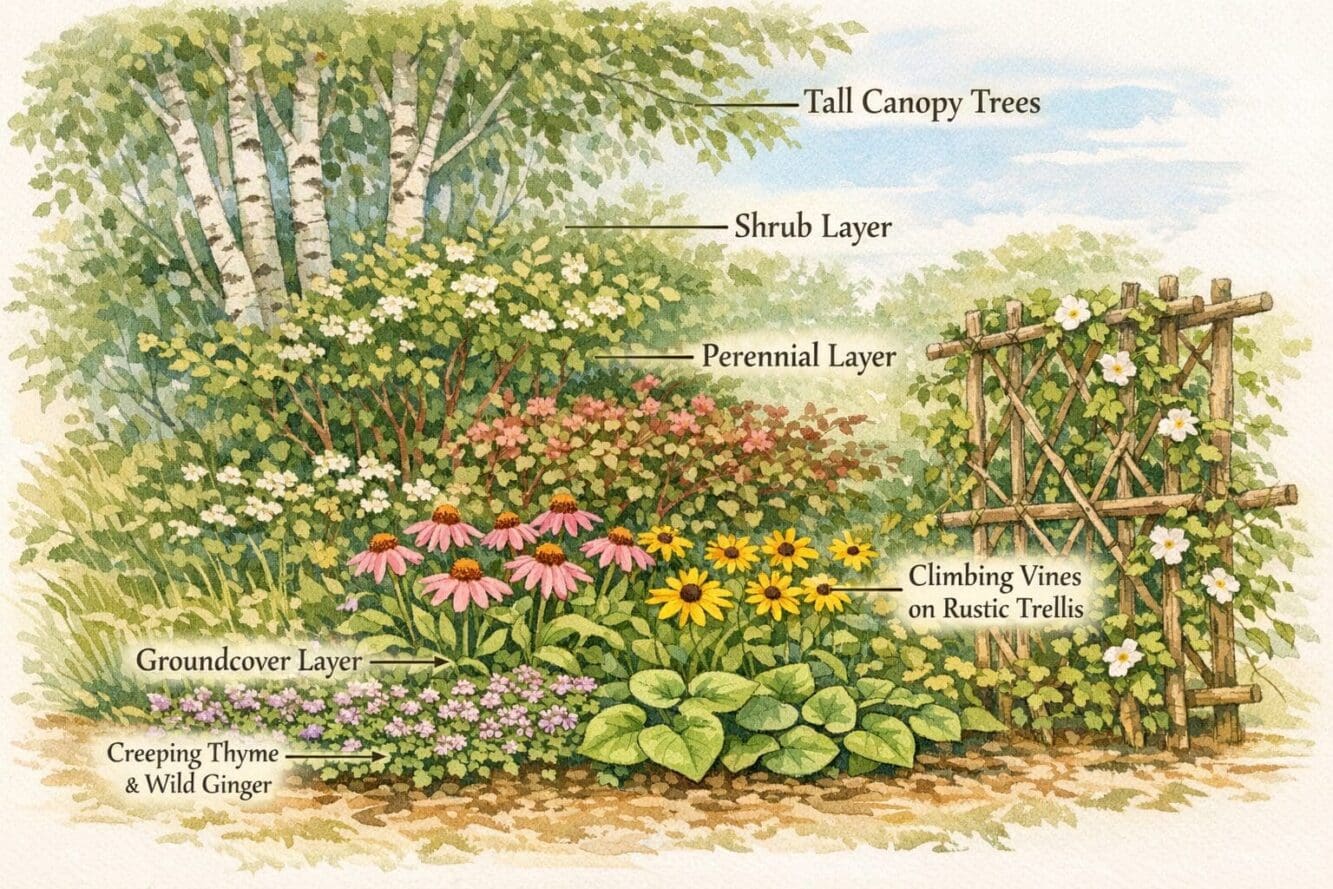 Landscape format (1536x1024) detailed botanical illustration style image showing a cross-section diagram of five garden planting layers in a
