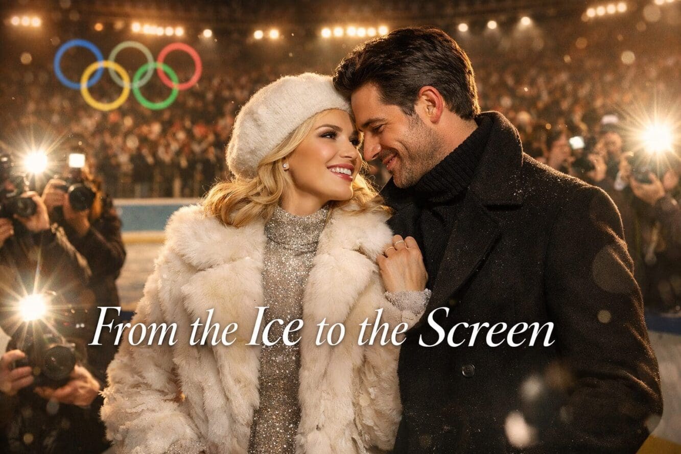 Landscape format (1536x1024) editorial image depicting a glamorous couple at an ice skating arena with Olympic rings visible in the backgrou