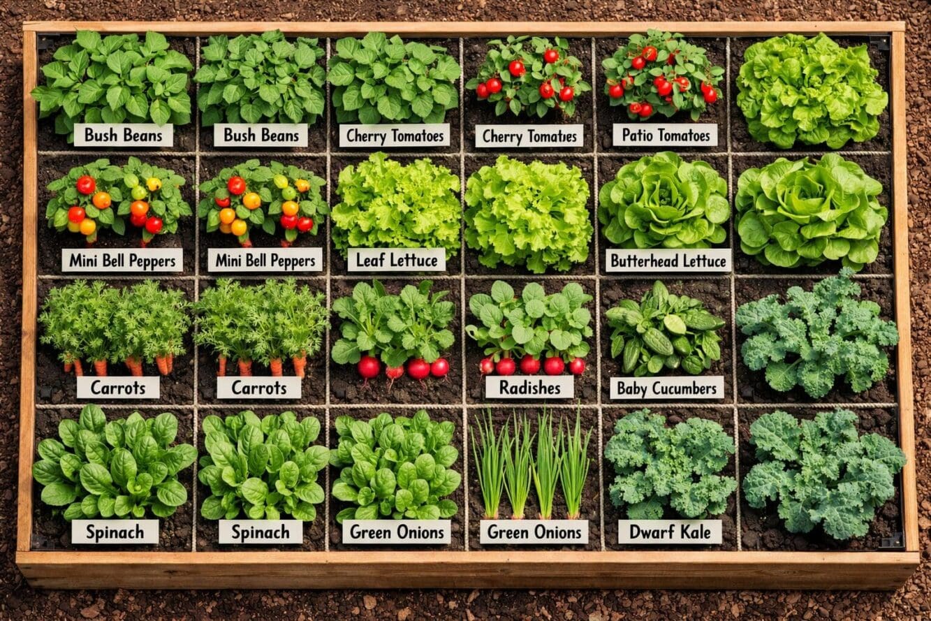Landscape format (1536x1024) overhead birds-eye view photograph of a small 4x8 foot raised bed garden divided into square foot sections, eac