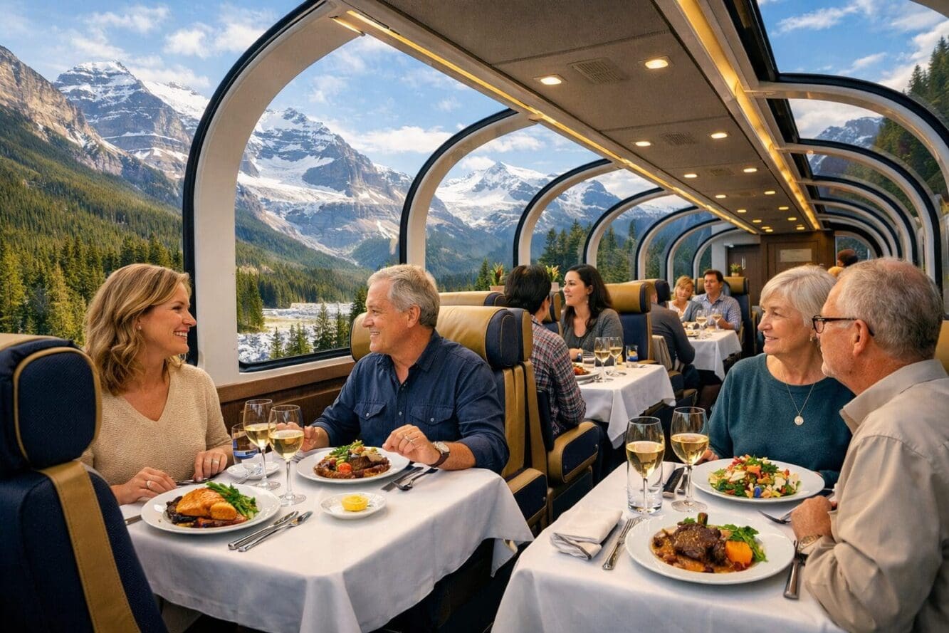 Detailed landscape format (1536x1024) editorial photograph of the Rocky Mountaineer GoldLeaf dome car interior showing passengers dining at