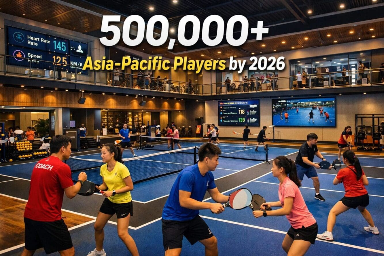 Landscape format (1536x1024) editorial image showing state-of-the-art Asian pickleball training academy interior with multiple courts, profe