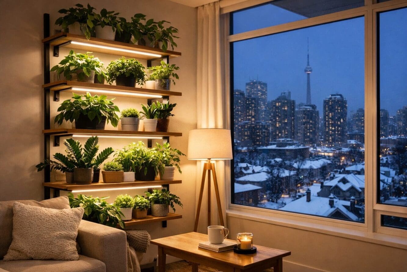 Landscape format (1536x1024) editorial photograph of a modern Canadian condo living room corner featuring a vertical plant shelf with multip