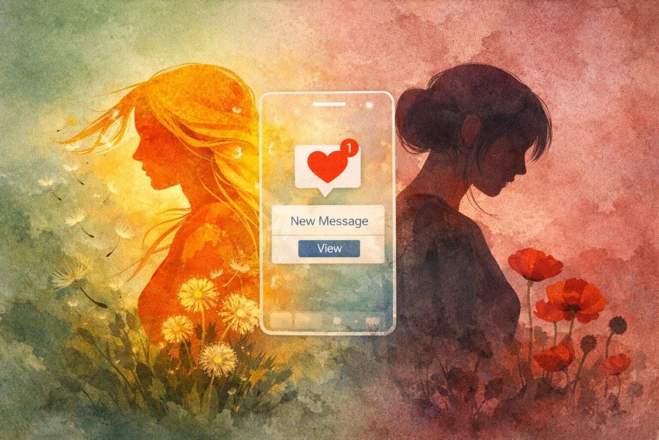 Landscape format (1536x1024) editorial illustration showing two sisters in contrasting silhouettes standing back to back, one vibrant and bo