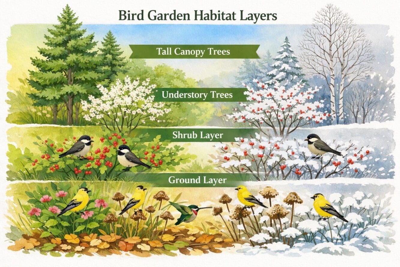 Detailed landscape format (1536x1024) illustration of a cross-section diagram showing stratified bird garden habitat layers in a Canadian ba