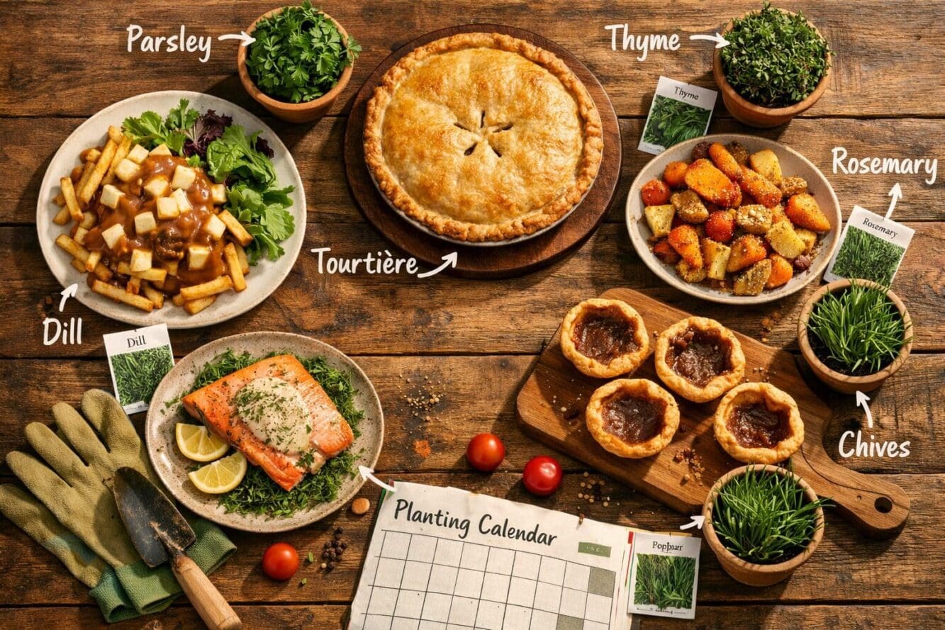 Landscape format (1536x1024) overhead flat-lay photograph of a rustic wooden kitchen table showing popular Canadian dishes arranged in a cir
