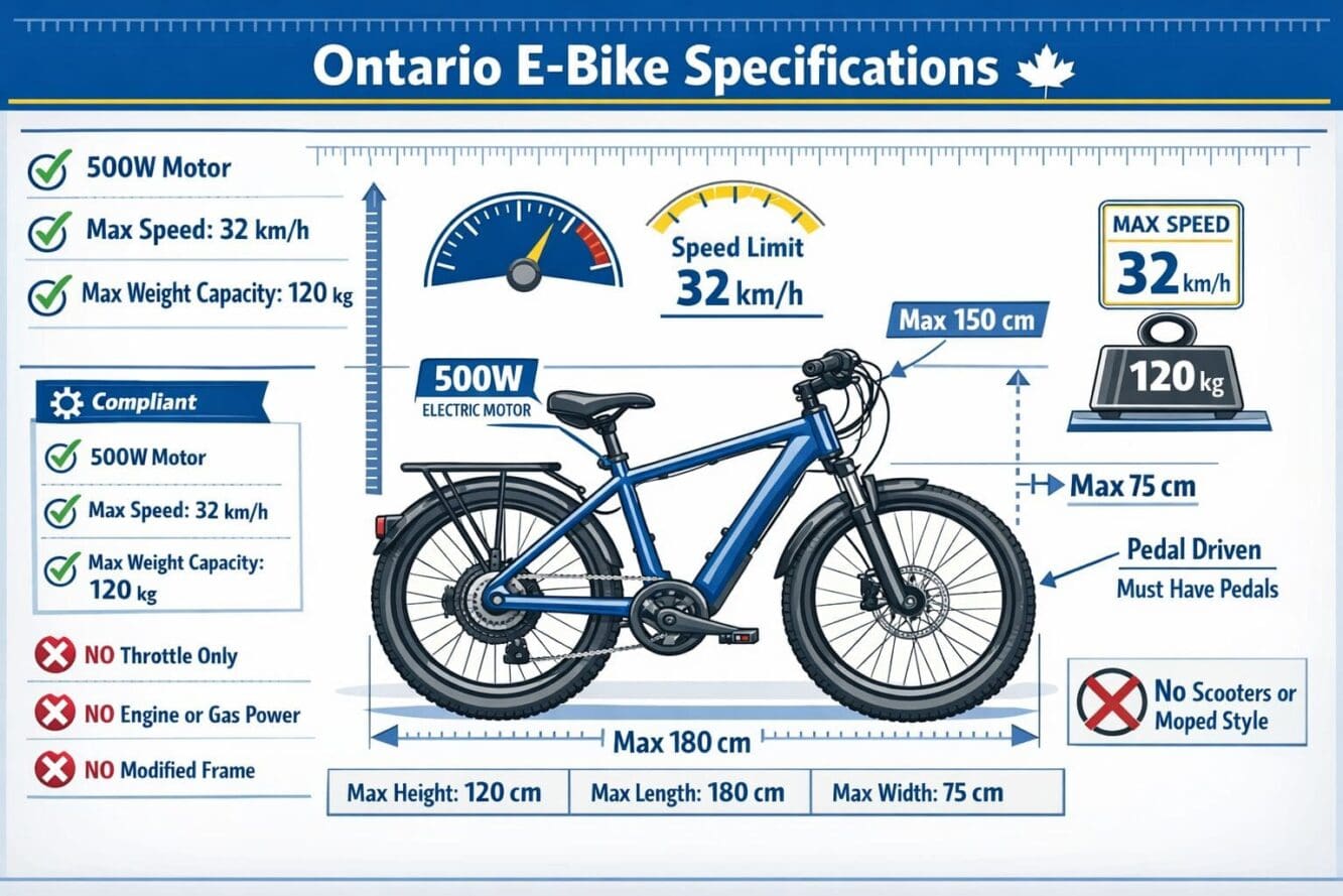 Detailed landscape format (1536x1024) infographic showing Ontario e-bike technical specifications with labeled diagram of compliant e-bike f