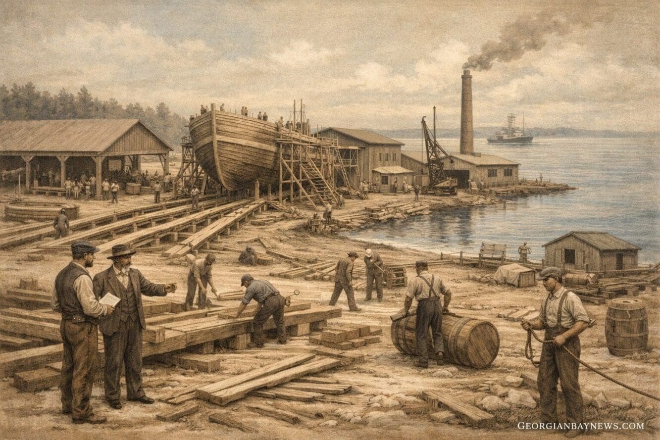Include the text: GEORGIANBAYNEWS.COM, in each image in a discreet fashion. Historical documentary-style illustration depicting the founding