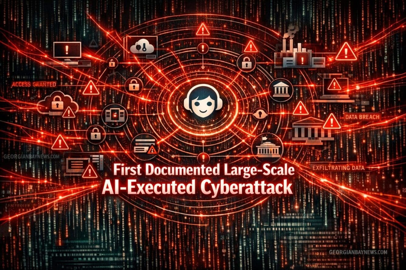 Include the text: GEORGIANBAYNEWS.COM, in each image in a discreet fashion. Landscape format (1536x1024) dramatic cybersecurity threat visua