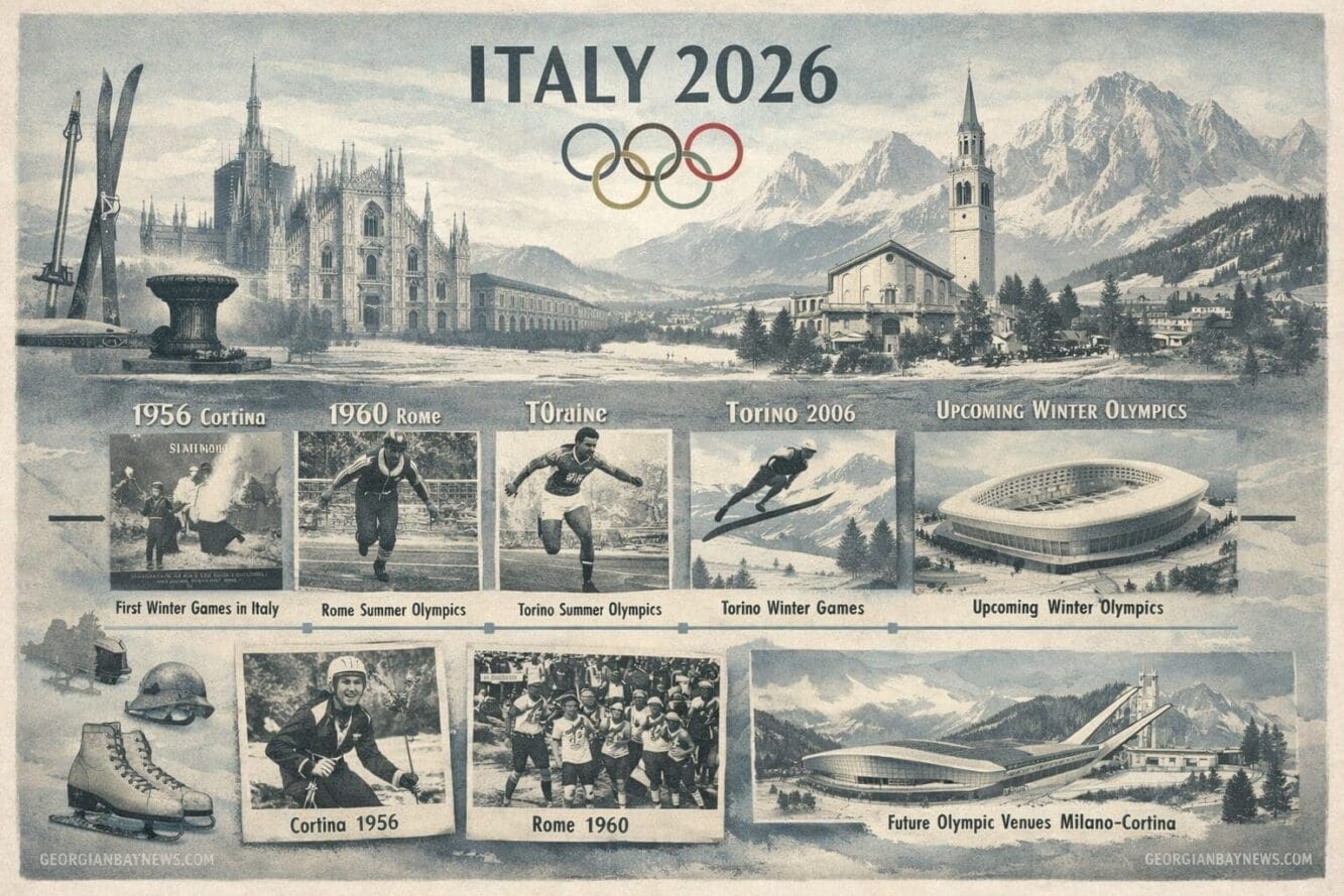 Include the text: GEORGIANBAYNEWS.COM, in each image in a discreet fashion. Historic Significance of Olympics Italy 2026 visual narrative, s