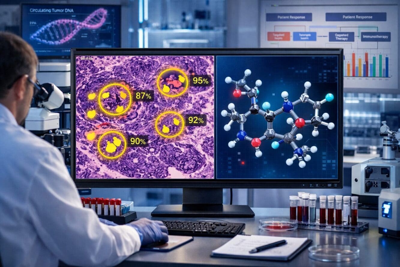 Detailed landscape format (1536x1024) image depicting advanced cancer treatment design laboratory with AI-powered digital pathology system. 