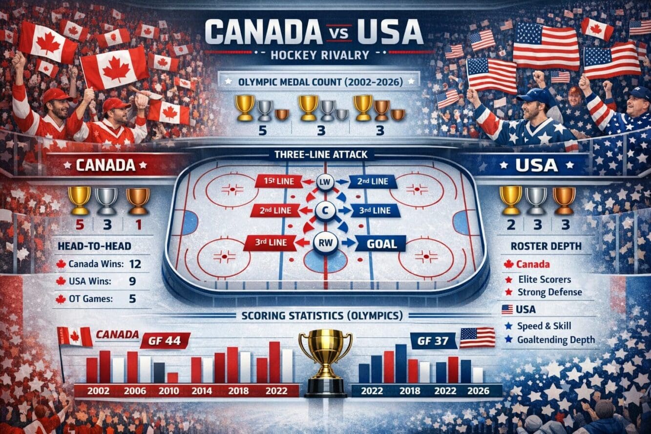 Landscape format (1536x1024) strategic infographic showing Canada versus USA hockey rivalry with medal count comparison chart spanning 2002-