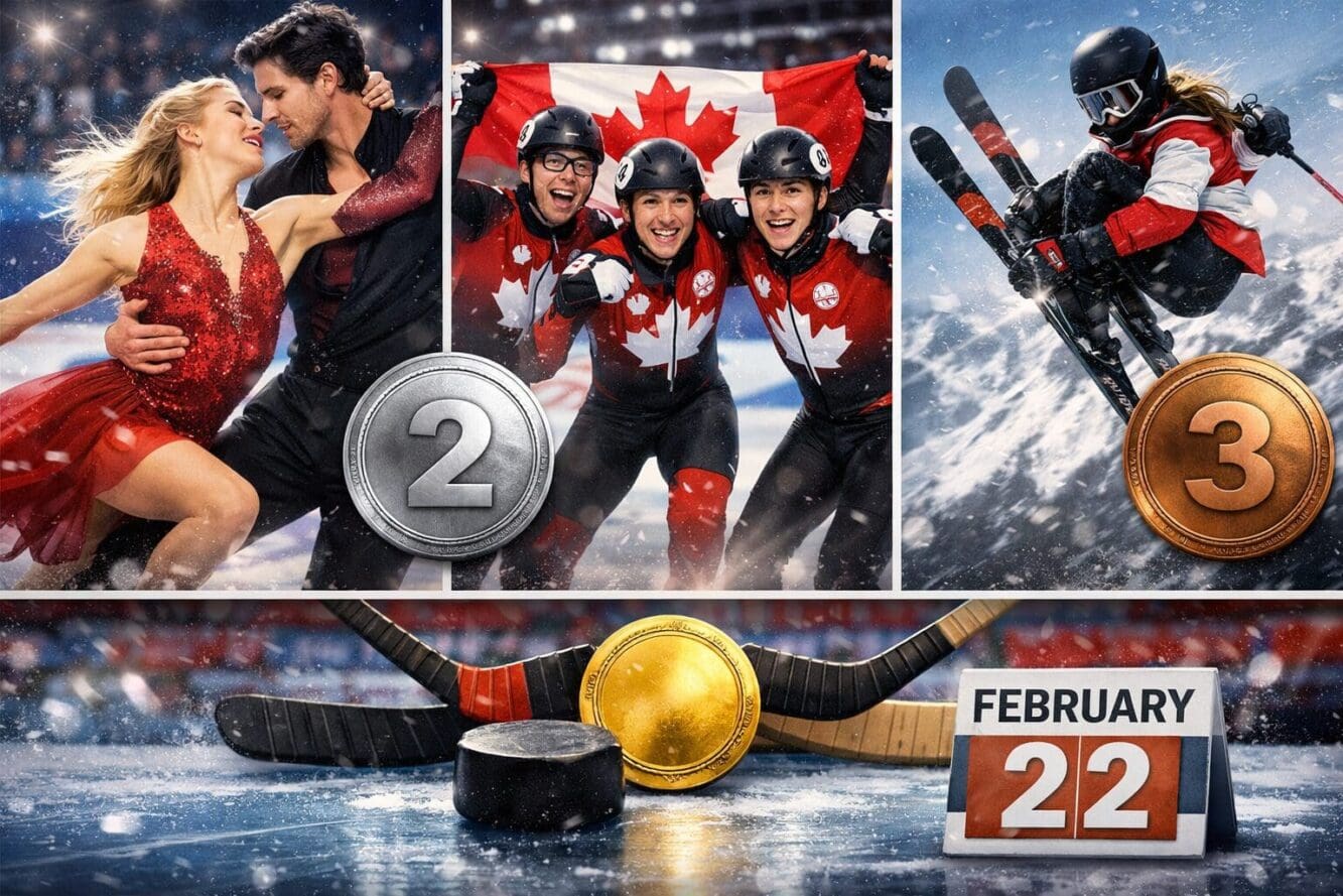 Detailed landscape format (1536x1024) split-panel composition showing key Canadian Olympic athletes and their medal contributions: left pane